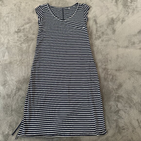 Toad & Co Muse Midi Cinch Dress MEDIUM Navy Stripe Short Sleeve V-Neck - Picture 1 of 7